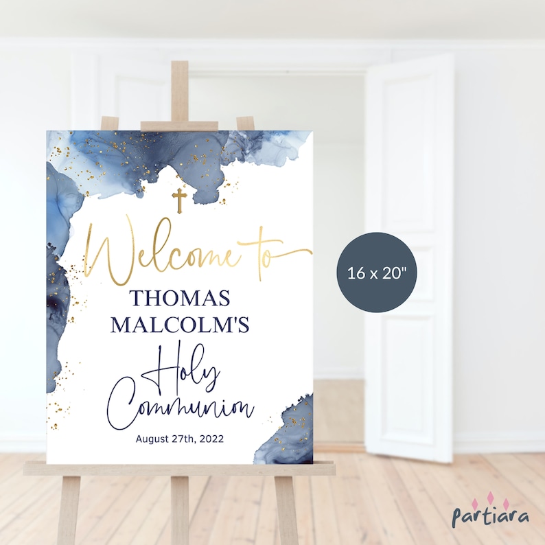 Boy's Communion Welcome Sign Printable First Holy Communion Party Welcome Poster Decor Editable Download Template Navy Blue Gold P132 P239 image 1