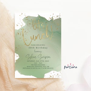 Invitation de déjeuner d'anniversaire modifiable, invitation de déjeuner douche nuptiale vert sauge doré imprimable filles permet de déjeuner en téléchargement numérique modèle P629