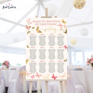 Boho zitplaatsen grafiek vlinder partij sjabloon, meisjes verjaardag tafels zitplaatsen bord afdrukbare, bewerkbare babyshower perzik roze decor P130