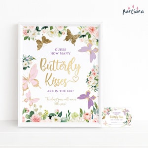 Butterfly Baby Shower Game Butterfly Kisses in the Jar Guessing Game Sign and Notecard Set Printable Editable Digital Download Template P328