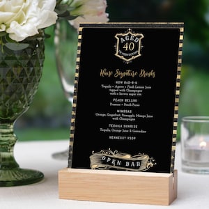 Menu de boissons signature anniversaire pour homme, noir et or imprimable, menus de bar à cocktails modifiables en téléchargement numérique, modèle P377