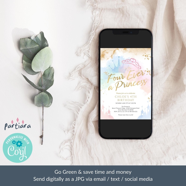 Princess Invite 4th Birthday Four Ever a Princess Fairytale Party Invitation Printable Pastel Blue Pink Castle Carriage Decor Editable P137 image 6