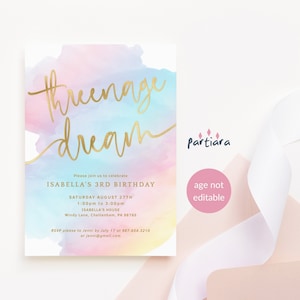 Invito da sogno Threenage, inviti per il terzo compleanno di una ragazza, inviti per feste arcobaleno pastello stampabili, modello di download digitale modificabile, P179