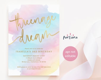 Threenage Dream Invitation, Girl 3rd Birthday Invites, Pastel Rainbow Party Invitations Printable, Editable Digital Download Template, P179