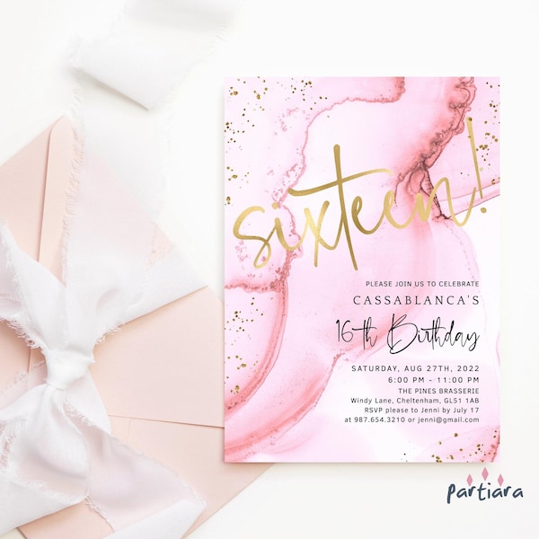 Invitación de cumpleaños para niña de 16 años, plantilla imprimible y editable, decoración minimalista en rosa pastel y dorado (P301)