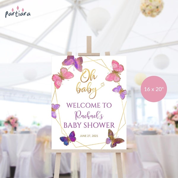 Pink Lilac Butterfly Baby Shower Welcome Sign Printable Instant Download, Girl Baby Shower Welcome Board with Gold Calligraphy Oh Baby P8