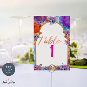 Modèle de numéro de Table d'anniversaire marocain, décoration de fête pour le brunch de douche nuptiale sur le thème indien, imprimable, téléchargement paisley lumineux modifiable P808