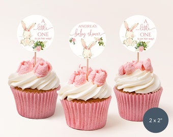 Editable Bunny Cupcake Toppers Girl Baby Shower Party Cake Decor Printable Girl 1st Birthday Easter Rabbit Floral Template Download P66 P376