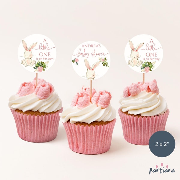 Editable Bunny Cupcake Toppers Girl Baby Shower Party Cake Decor Printable Girl 1st Birthday Easter Rabbit Floral Template Download P66 P376