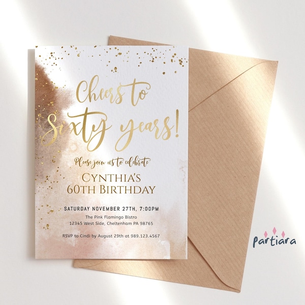 Ladies 60th Birthday Invitation Printable Cheers to Sixty Years Shades of Brown and Gold Editable Download Template P214