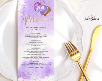 Purple Gold Menu Cards Printable Lilac Balloons Birthday Dinner Party Table Menus Ladies Teens Girls Events Editable Digital Download P586