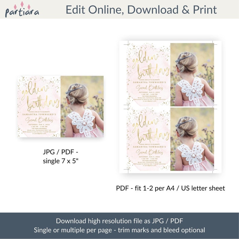 May include: Printable invitation for a second birthday party with a pink and gold watercolour background and gold glitter. The invitation features the text "golden birthday" and "Second Birthday".