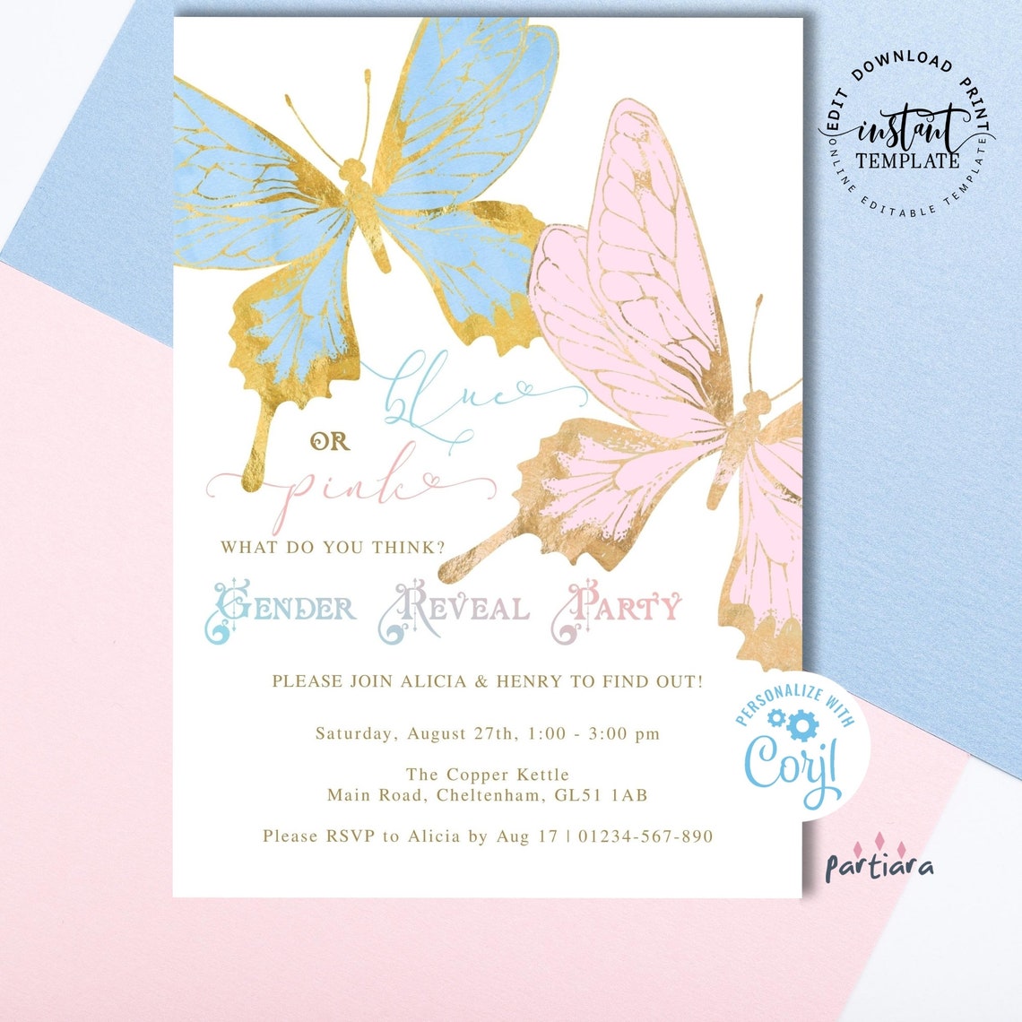 Butterfly Gender Reveal Invitation Editable Template Etsy