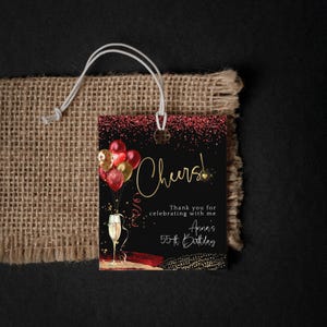 Red and Black Thank You Tags, Birthday Favor Gift Tag Printable, Ladies Dinner Party Balloons Label Template, Editable Digital Download P216