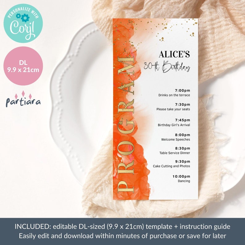 Programme Card Example Uk Editable Program Card Template Orange Gold Birthday Dinner Party Tables ...