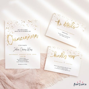 Modelo editável de convite para quinceanera, conjunto de convites para detalhes da recepção e cartões de resposta RSVP para impressão, decoração toda em ouro branco P493