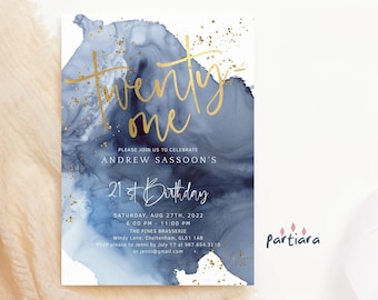 Invitación digital azul para 21 cumpleaños, imprimible, decoración azul marino, blanco y dorado, plantilla editable P239
