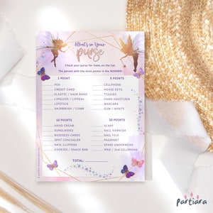 Wat zit er in je portemonnee Spel Fee babyshower feest activiteit kaartsjabloon meisje afdrukbare vlinder feeën roze paars roségoud bewerkbare P676