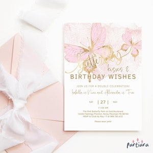 Schmetterling Küsse Geburtstagswünsche Einladung Mädchen, Blush Pink 1. 2. 3. Geburtstag Gemeinsam einladen druckbare, bearbeitbare digitale Vorlage P293