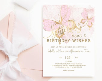 Butterfly Birthday Invitation Girls Printable Joint Party Invites for Sibling Sisters EDITABLE Blush Pink Gold Butterflies Template P6 P293