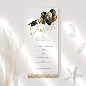 Graduates Programm Vorlage Schwarz und Gold Party Tisch Programme zum ausdrucken, Jungen College oder Schulabschluss Dekor, bearbeitbar Download P251