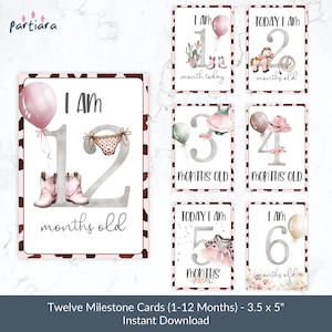 Cartes étape étape bébé fille, thème cow-girl mensuel Photo Prop imprimable, cartes pour notes Rodeo Ranch ferme, bricolage téléchargement numérique instantané P881