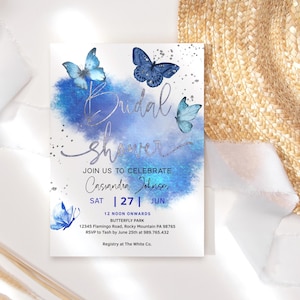 Invito per addio al nubilato blu con farfalle stampabili, invito per brunch blu reale e argento, modello modificabile scaricabile digitalmente P617