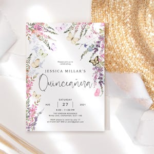 Pastell Schmetterling Quinceanera Einladung Druckbare Mädchen Blumen Schmetterlinge Party einladen bearbeitbare digitale Download Vorlage P256