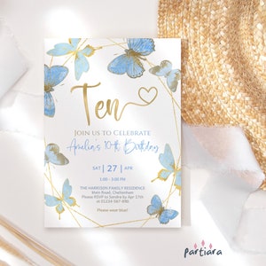 Invito per il 10° compleanno delle ragazze, modello a farfalla, invito per feste a due cifre stampabile, decorazione blu pastello, download digitale modificabile P277
