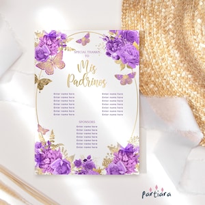 Quinceanera verjaardag bedanktafelkaarten Mis Padrinos Notecard afdrukbare vlinder bloemen decor bewerkbare digitale downloadsjabloon P36