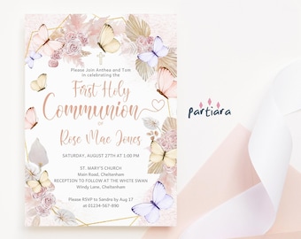Boho First Communion Invitation Template, Girls Holy Communion Invite Printable, Pink Floral Butterfly Card, Editable Digital Download P171