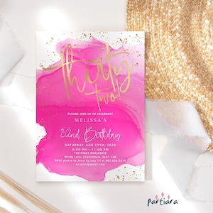 32nd Birthday Invitation Ladies Shades of Pink Party Template, Hot Fuchsia Gold Decor Dinner Printable, Editable Digital Download P200