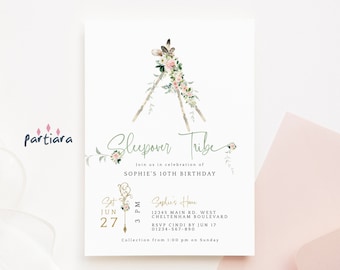 Boho Teepee Sleepover Invitation Editable Girl's Birthday Glamping Party Invites DIY Printable Blush Pink Sage Green Gold Decor Partiara P41