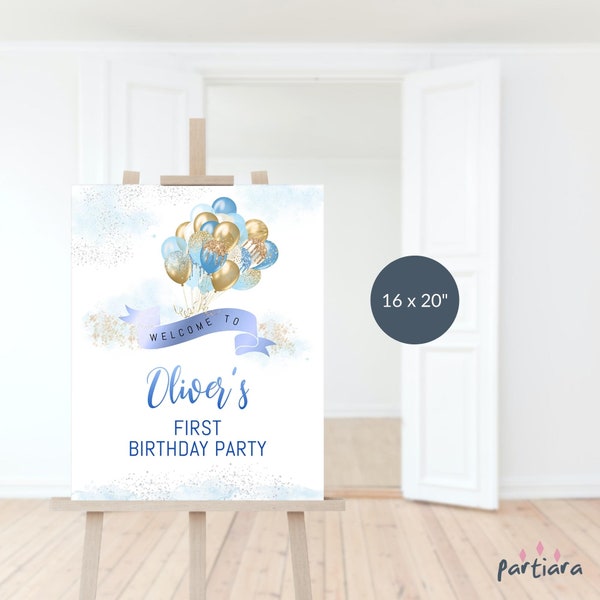 Blue Gold Welcome Sign Boys 1st Birthday Party Balloons Poster Decoration Printable Editable Digital Download 16x20 Template P548