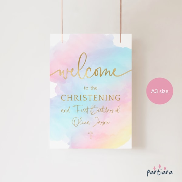 Editable Rainbow Welcome Sign, Pastel Christening Party Welcome Poster Decor, Girls Baptism Table Sign, Digital Download A3 Template P179