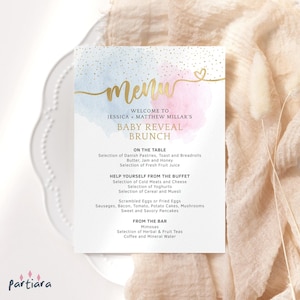 Babypartymenükartenvorlage, Gender Reveal Partymenüs zum Ausdrucken, Pastellblau rosa Rauchwolken-Dekor, bearbeitbarer digitaler Download P16