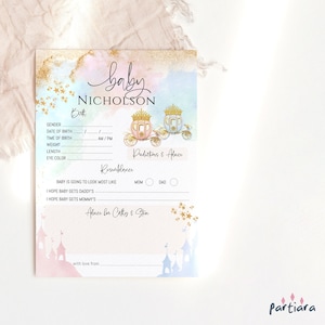 Plantilla de tarjeta de juego de predicciones para baby shower de cuento de hadas, tarjeta imprimible con deseos y consejos, decoración de carruaje de princesa, príncipe y niño niña P137