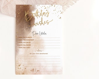 Bruine verjaardagswensen en advieskaart afdrukbaar, dames 40e 50e 60e Memories and Wishes Notecard, tinten bruin goud, bewerkbaar P214
