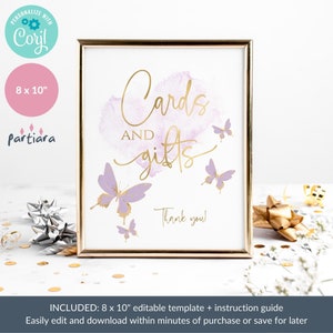 Puede incluir: Un cartel imprimible de 20,3 x 25,4 cm con un fondo de acuarela en tonos morados y texto dorado que dice "Tarjetas y regalos" con mariposas. El cartel tambi&eacute;n incluye el texto "&iexcl;Gracias!"