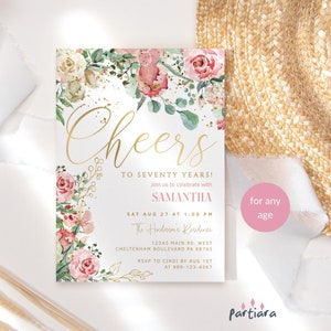 Floral Birthday Invitation Garden Party Printable for Ladies, Blush Pink Peach Cream 40th 50th 60th 70th Invite Card, Editable Template P653