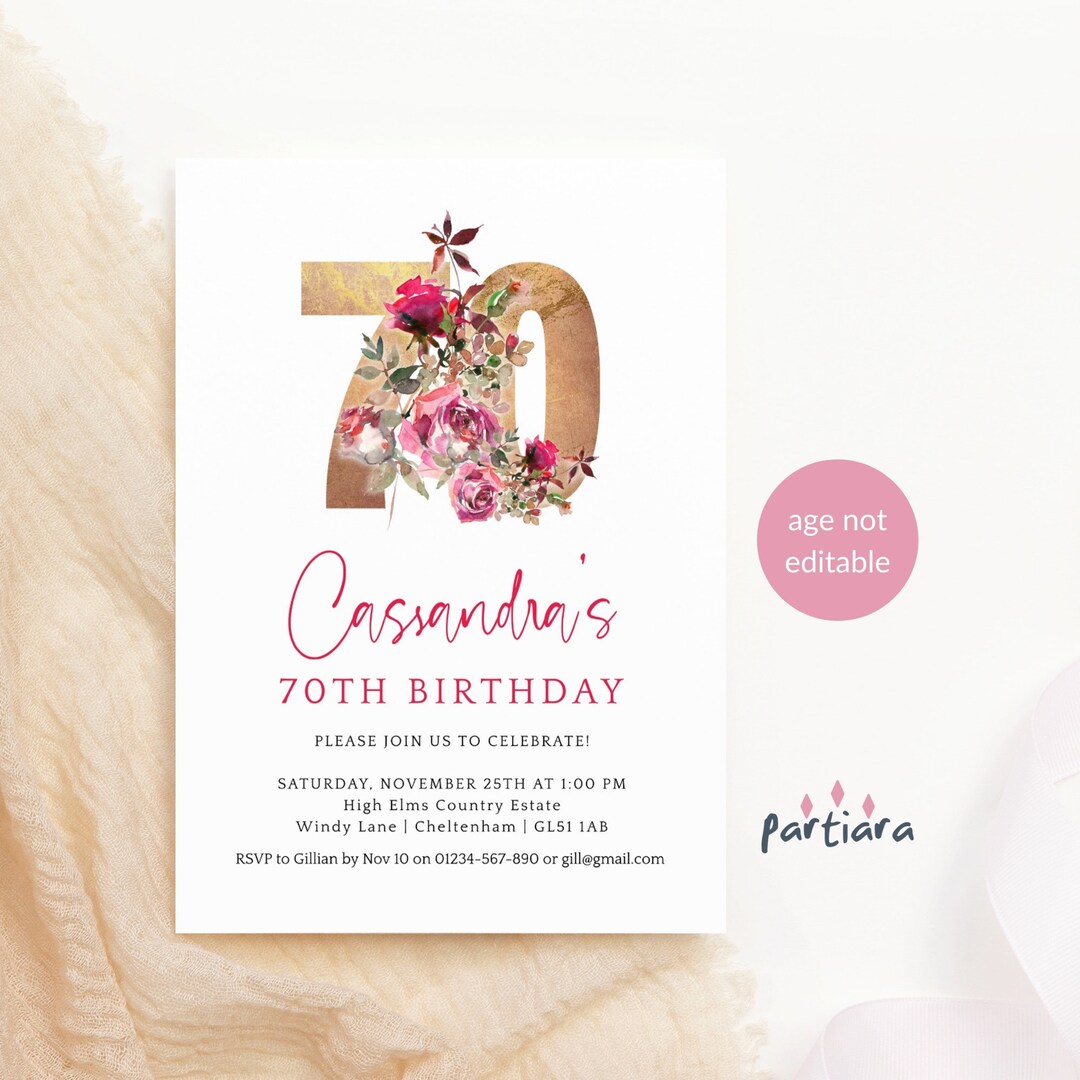 Editable Birthday Invitation Template 70th Party Invites for Ladies