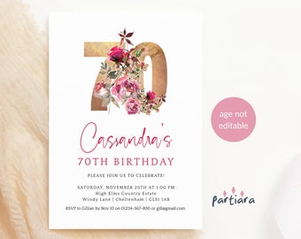 Floral 70th Birthday Invitation for Woman, Printable (Editable Template) P195