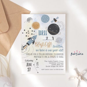 Editable Boys 3 and 1 Year Old Space Party Invite Brothers 1st and 3rd Birthday Party Invitation To the Moon Planets Decor Printable P166