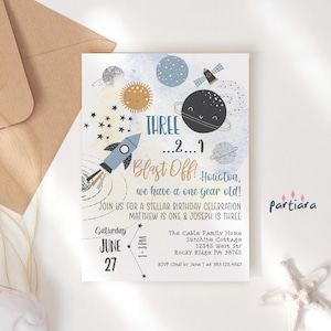 Editable Boys 3 and 1 Year Old Space Party Invite Brothers 1st and 3rd Birthday Party Invitation To the Moon Planets Decor Printable P166