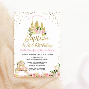 Baptism Invitation Princess 3rd Birthday Template, Fairytale Castle Party Invite Printable, Girls Pink Floral Gold Card, Editable P137