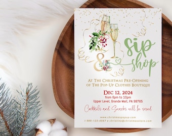 May include: A festive invitation for a Christmas pre-opening event. The design features champagne flutes, floral accents, and the words "Sip Shop." The event is scheduled for December 12, 2024, at the Grande Mall, with cocktails and snacks.