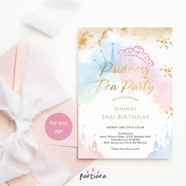 Princess Tea Party Invitation Editable Girl's Birthday Fairytale Castle and Crowns Invite DIY Printable Pastel Decor Partiara P137