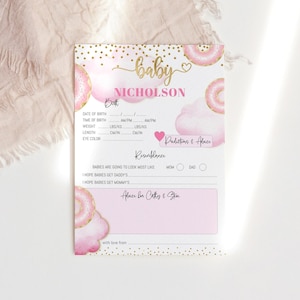 Juego de donuts para baby shower, predicciones de nacimiento para niñas, deseos y consejos, tarjeta imprimible, descarga digital editable, plantilla P21