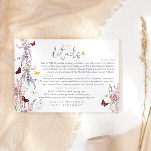 Modelo editável de cartão de detalhes de aniversário de borboleta, convites de chá de panela de borboletas para impressão, decoração floral para chá de bebê de menina P256