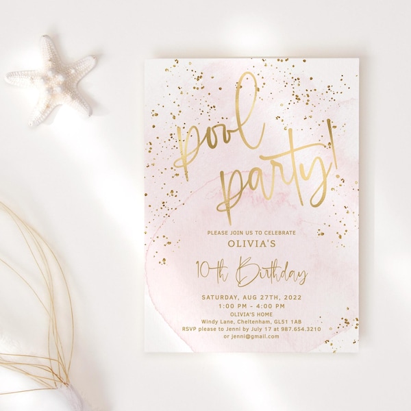 Pool Party Invite Template, Teens or Girls Pink Birthday Invitation Printable (Digital Download) P249